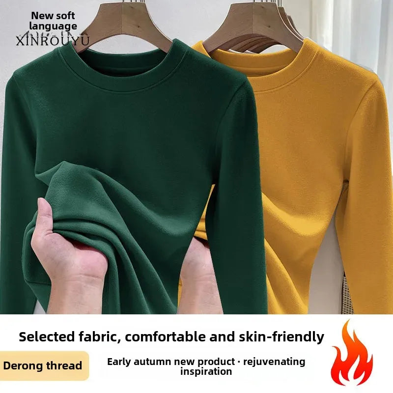 Efeito de emagrecimento manga longa tripulação pescoço camiseta outono novo estilo feminino moda camada base camisa versátil fibra poliéster
