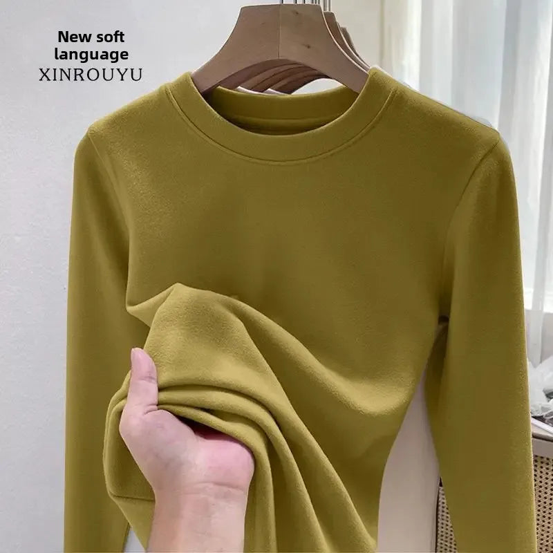 Efeito de emagrecimento manga longa tripulação pescoço camiseta outono novo estilo feminino moda camada base camisa versátil fibra poliéster