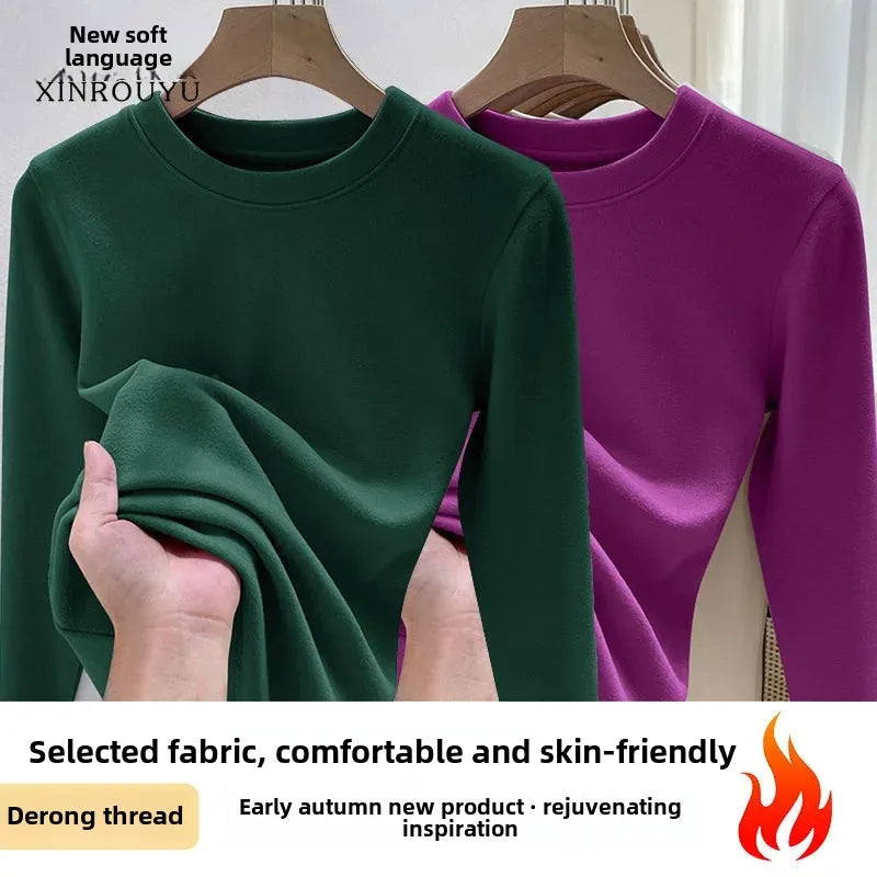 Efeito de emagrecimento manga longa tripulação pescoço camiseta outono novo estilo feminino moda camada base camisa versátil fibra poliéster