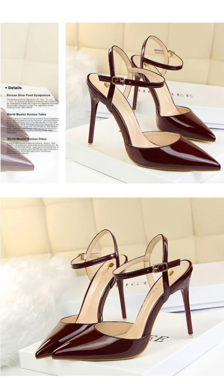 86-1 estilo simples fino salto ultra alto raso pintado couro sexy boate emagrecimento uma palavra cinta sapatos femininos legais