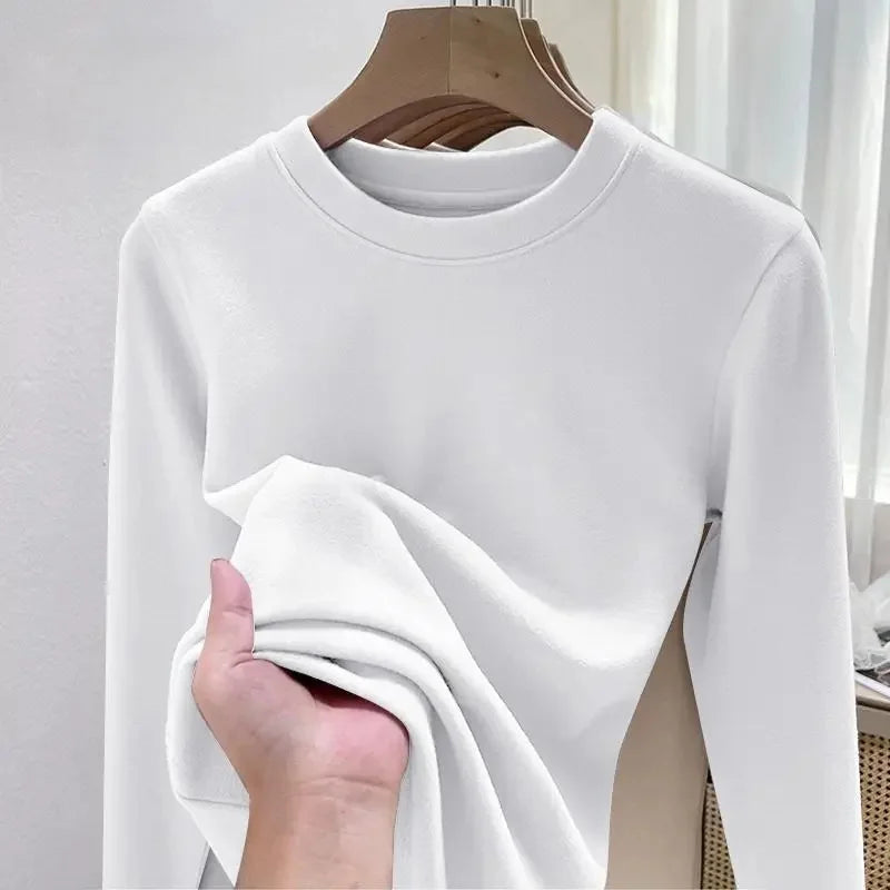 Efeito de emagrecimento manga longa tripulação pescoço camiseta outono novo estilo feminino moda camada base camisa versátil fibra poliéster
