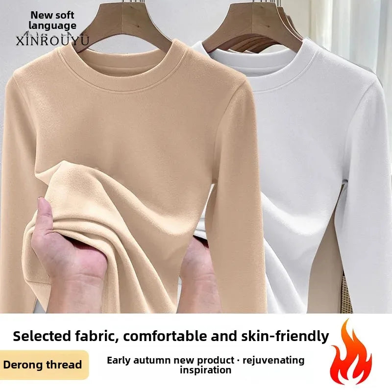Efeito de emagrecimento manga longa tripulação pescoço camiseta outono novo estilo feminino moda camada base camisa versátil fibra poliéster