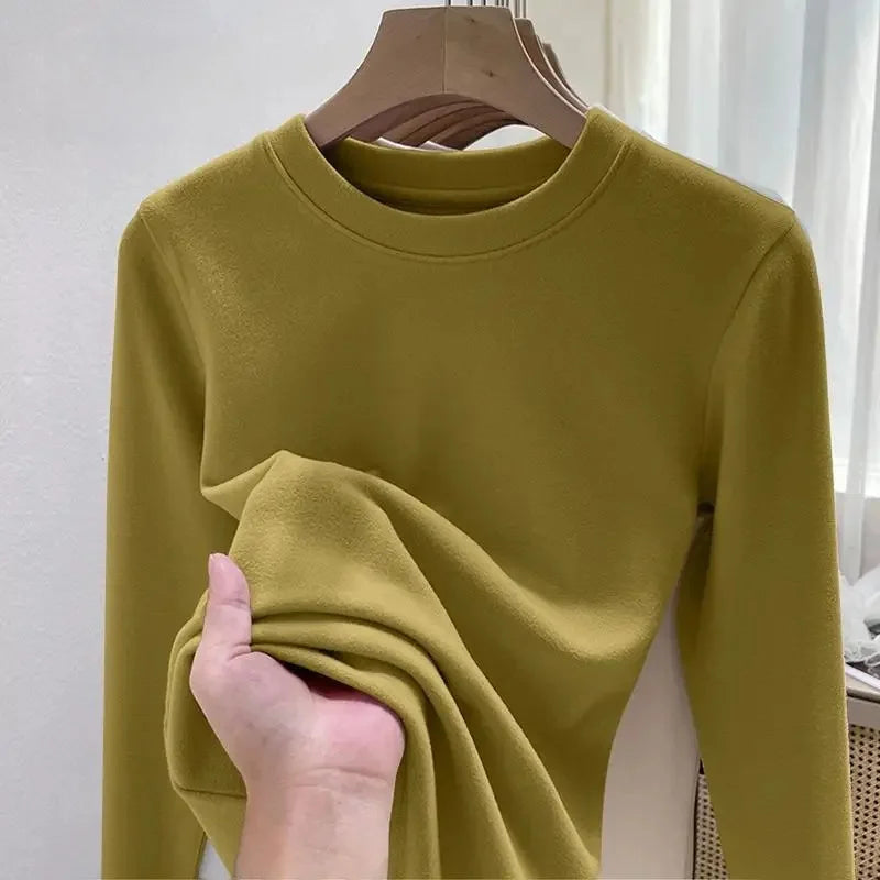 Efeito de emagrecimento manga longa tripulação pescoço camiseta outono novo estilo feminino moda camada base camisa versátil fibra poliéster
