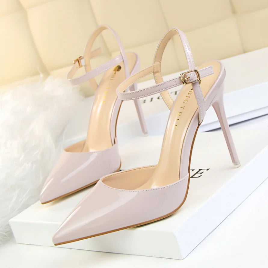 86-1 estilo simples fino salto ultra alto raso pintado couro sexy boate emagrecimento uma palavra cinta sapatos femininos legais