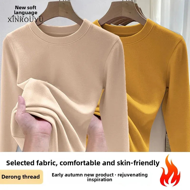 Efeito de emagrecimento manga longa tripulação pescoço camiseta outono novo estilo feminino moda camada base camisa versátil fibra poliéster