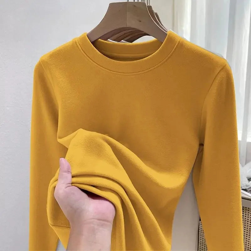 Efeito de emagrecimento manga longa tripulação pescoço camiseta outono novo estilo feminino moda camada base camisa versátil fibra poliéster