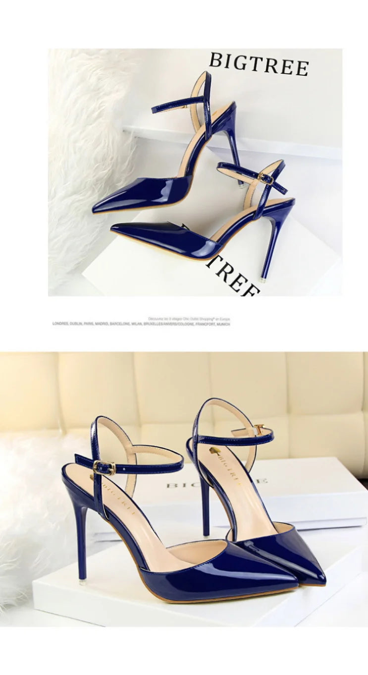 86-1 estilo simples fino salto ultra alto raso pintado couro sexy boate emagrecimento uma palavra cinta sapatos femininos legais