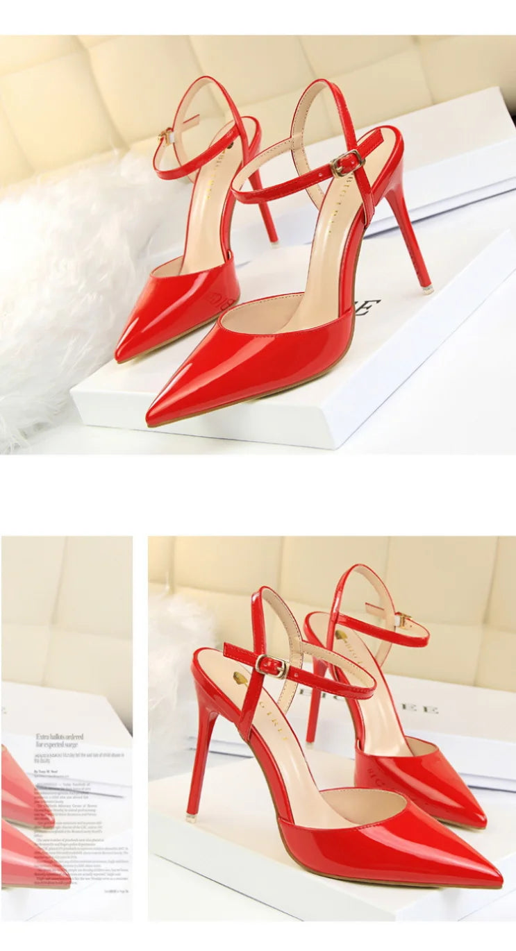 86-1 estilo simples fino salto ultra alto raso pintado couro sexy boate emagrecimento uma palavra cinta sapatos femininos legais