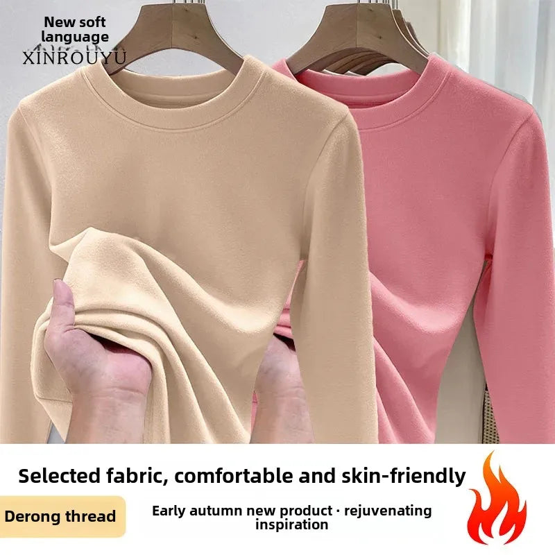 Efeito de emagrecimento manga longa tripulação pescoço camiseta outono novo estilo feminino moda camada base camisa versátil fibra poliéster