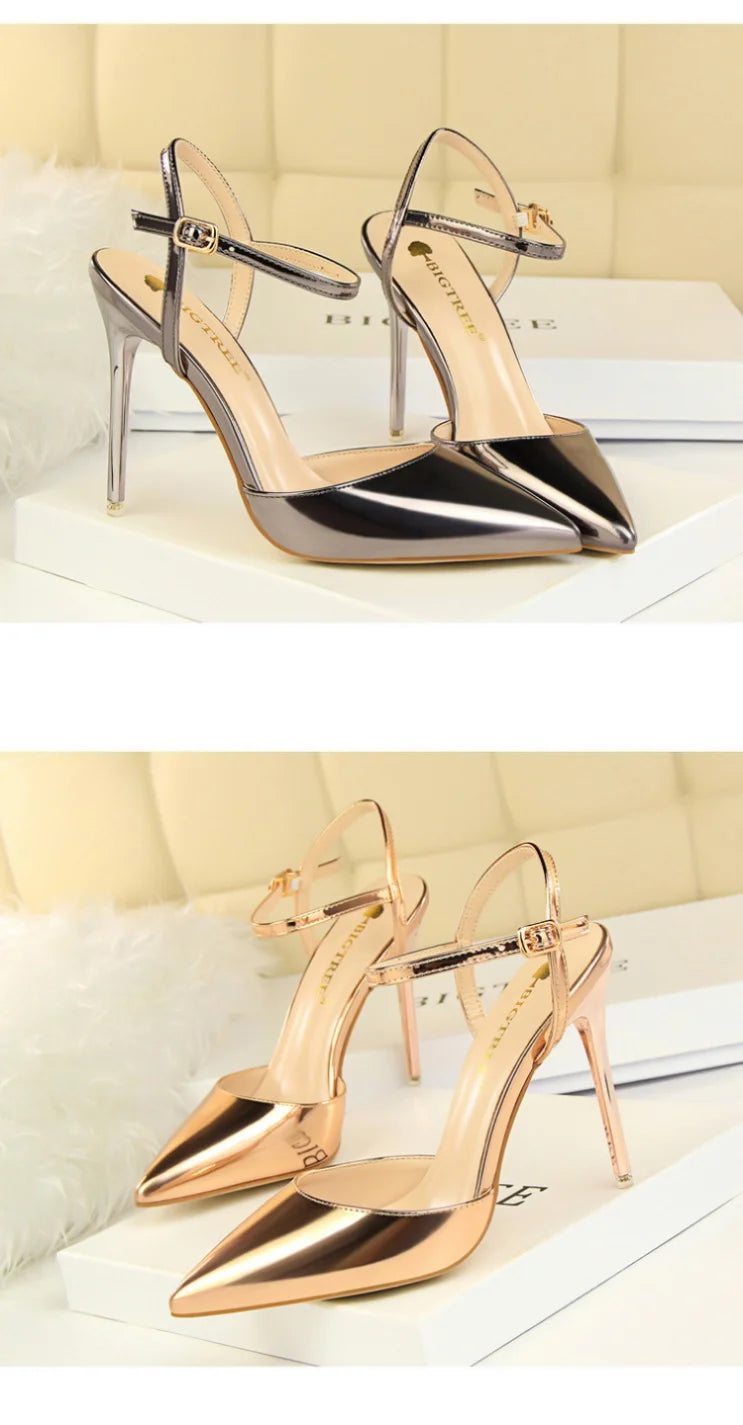 86-1 estilo simples fino salto ultra alto raso pintado couro sexy boate emagrecimento uma palavra cinta sapatos femininos legais