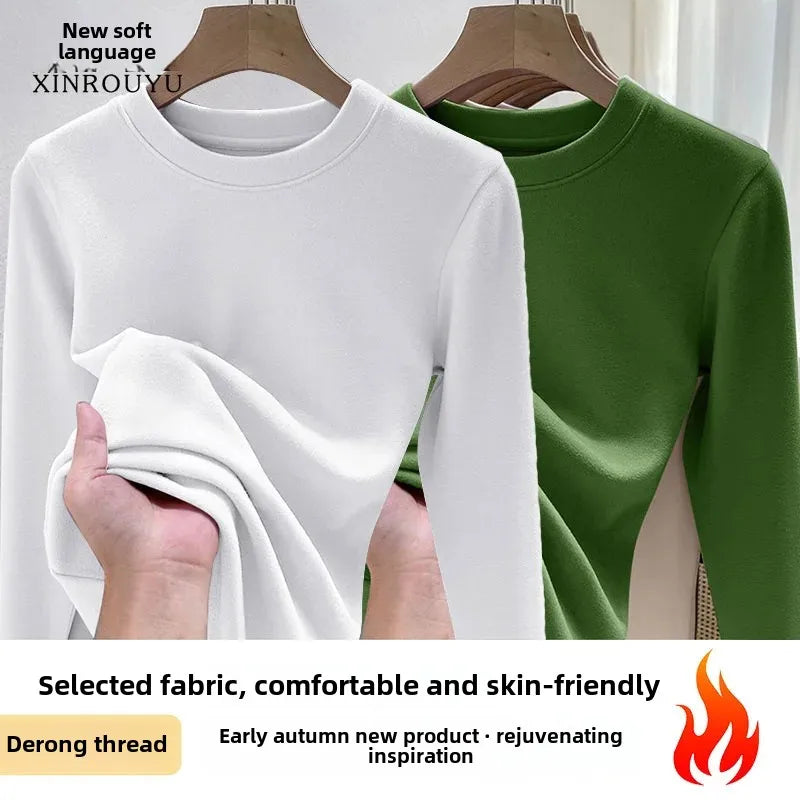 Efeito de emagrecimento manga longa tripulação pescoço camiseta outono novo estilo feminino moda camada base camisa versátil fibra poliéster