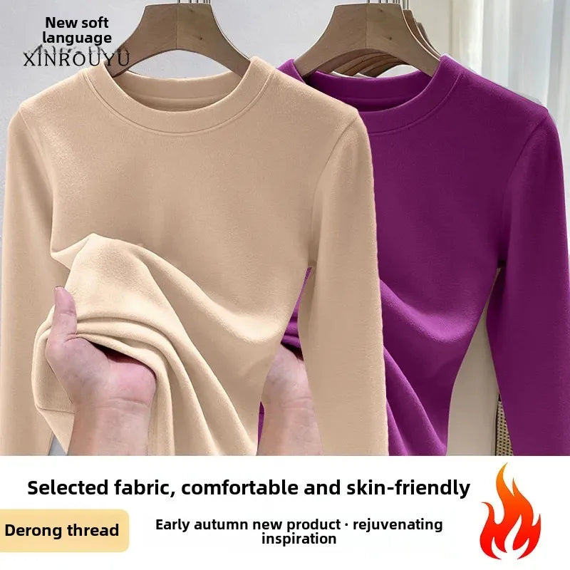 Efeito de emagrecimento manga longa tripulação pescoço camiseta outono novo estilo feminino moda camada base camisa versátil fibra poliéster