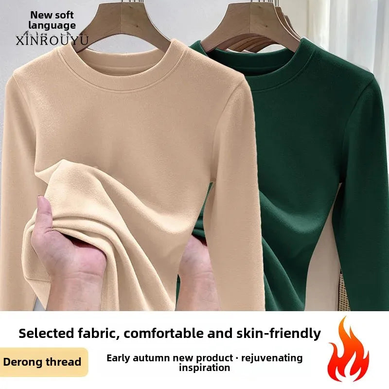 Efeito de emagrecimento manga longa tripulação pescoço camiseta outono novo estilo feminino moda camada base camisa versátil fibra poliéster