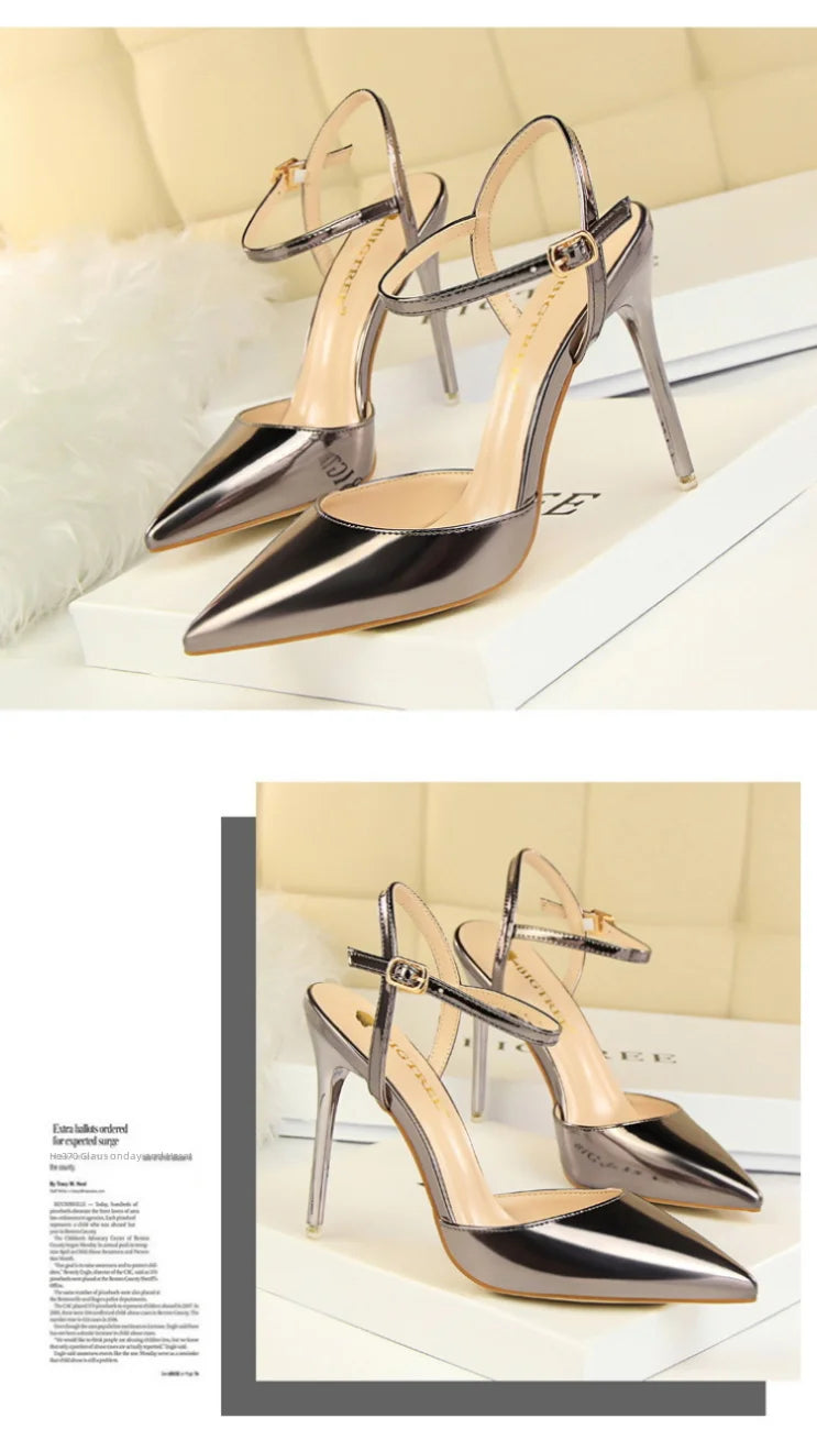 86-1 estilo simples fino salto ultra alto raso pintado couro sexy boate emagrecimento uma palavra cinta sapatos femininos legais