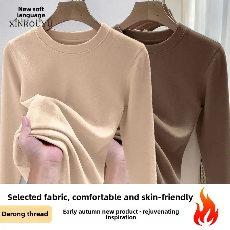 Efeito de emagrecimento manga longa tripulação pescoço camiseta outono novo estilo feminino moda camada base camisa versátil fibra poliéster