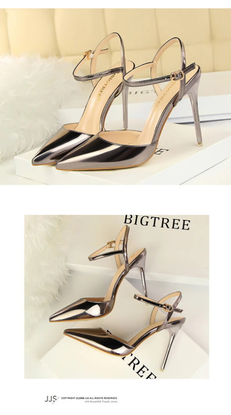 86-1 estilo simples fino salto ultra alto raso pintado couro sexy boate emagrecimento uma palavra cinta sapatos femininos legais