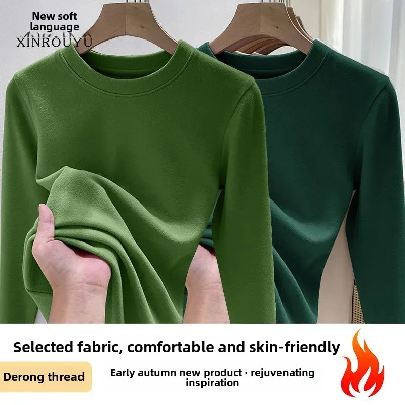 Efeito de emagrecimento manga longa tripulação pescoço camiseta outono novo estilo feminino moda camada base camisa versátil fibra poliéster