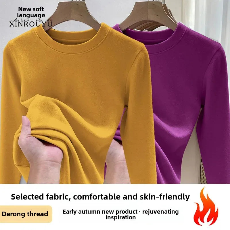 Efeito de emagrecimento manga longa tripulação pescoço camiseta outono novo estilo feminino moda camada base camisa versátil fibra poliéster