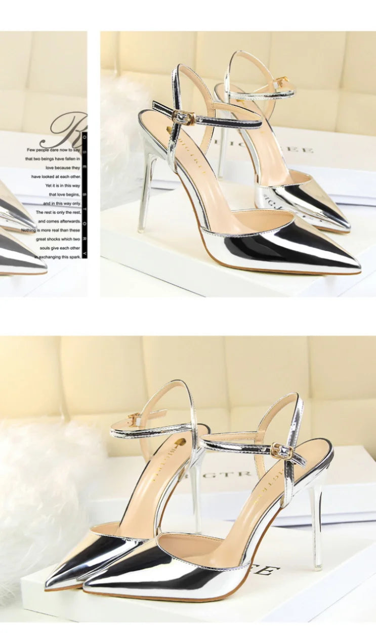 86-1 estilo simples fino salto ultra alto raso pintado couro sexy boate emagrecimento uma palavra cinta sapatos femininos legais
