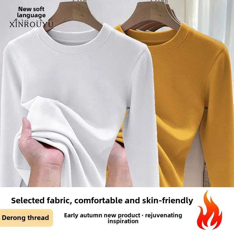 Efeito de emagrecimento manga longa tripulação pescoço camiseta outono novo estilo feminino moda camada base camisa versátil fibra poliéster