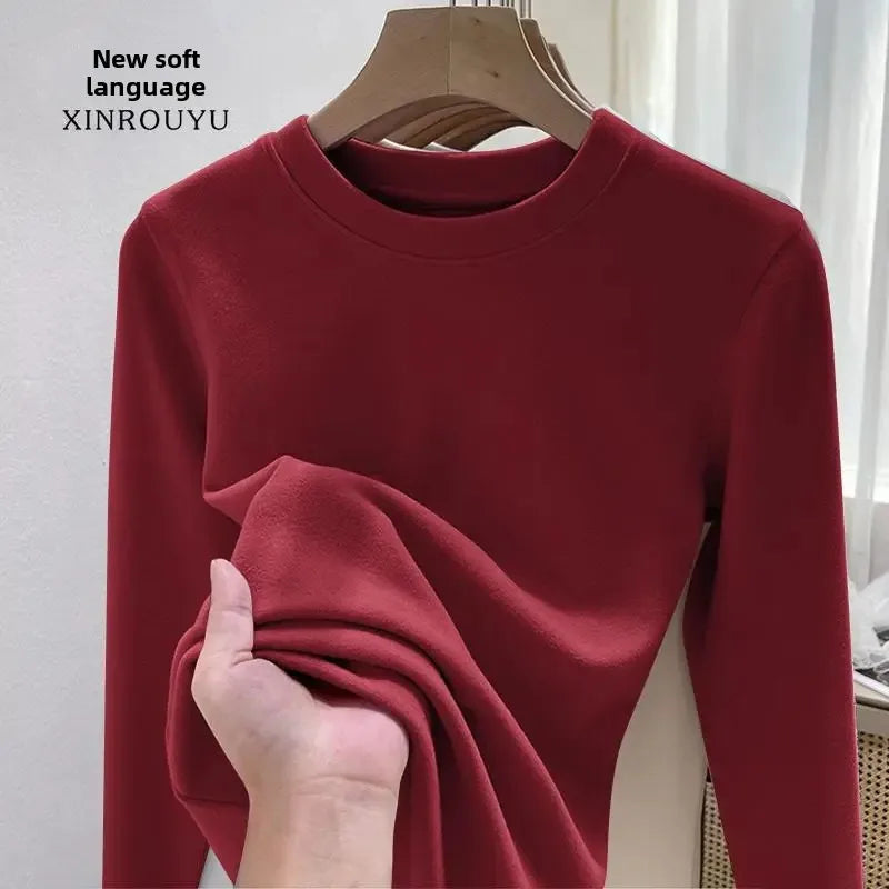 Efeito de emagrecimento manga longa tripulação pescoço camiseta outono novo estilo feminino moda camada base camisa versátil fibra poliéster