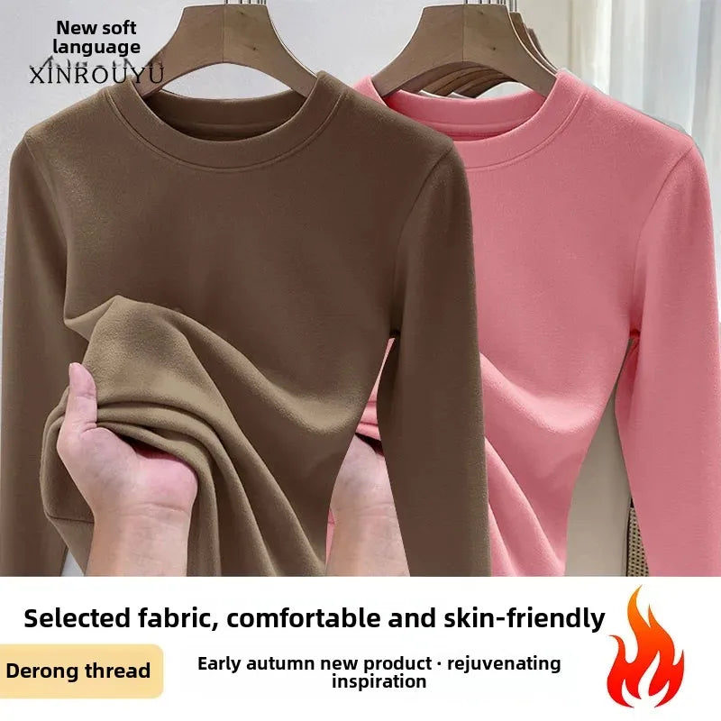 Efeito de emagrecimento manga longa tripulação pescoço camiseta outono novo estilo feminino moda camada base camisa versátil fibra poliéster